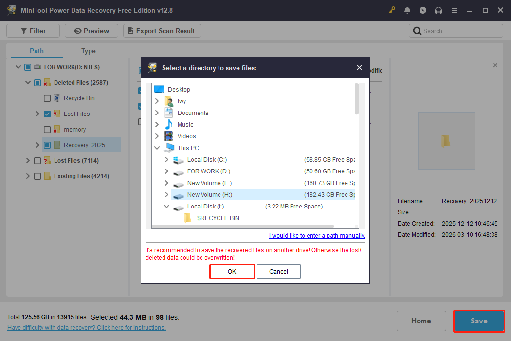 MiniTool Power Data Recovery interface with the Save button selected and a window embedded to choose a path.