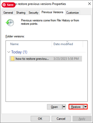 The folder Properties page showing all previous versions of a folder, with the target one and the Restore button selected.