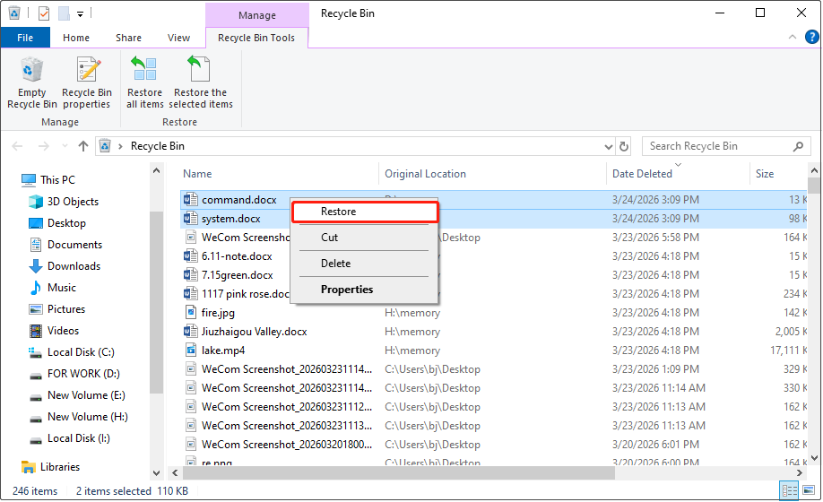 Recycle Bin interface showing all deleted files with the target ones selected and the Restore option checked.