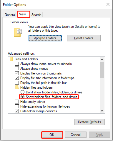 Folder Options interface showing the View tab, with the Show hidden files, folders, and drives option checked.