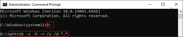 Command Prompt interface with the attrib command running to show hidden files.