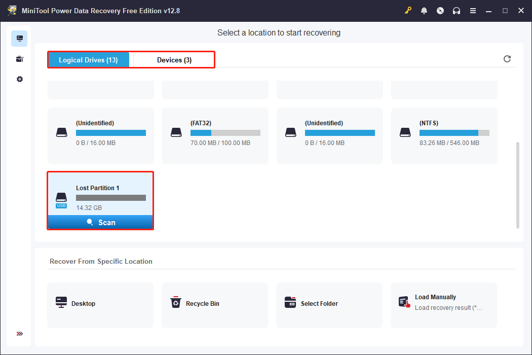 MiniTool Power Data Recovery interface showing all partitions with the lost partition selected and the Scan icon highlighted.