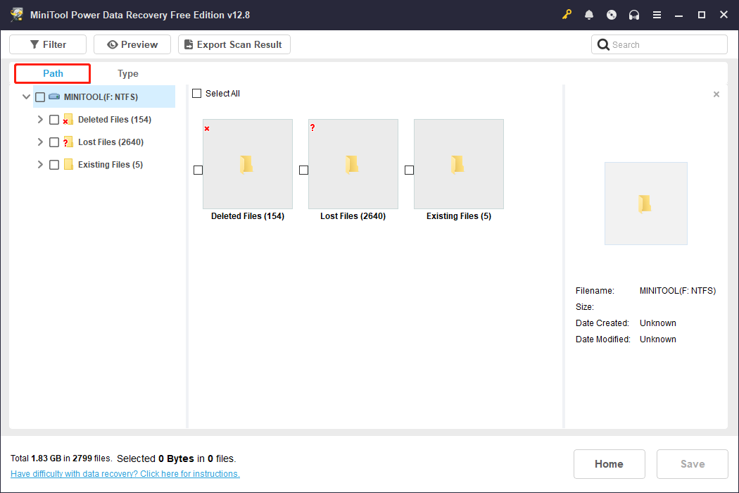 MiniTool Power Data Recovery scan results page with Path selected, showing Deleted Files, Lost Files, and Existing Files.