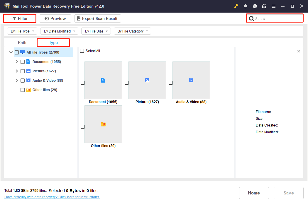 MiniTool Power Data Recovery scan results with Type, Filter, and Search selected to locate the target files.