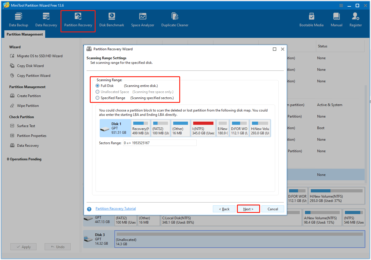 MiniTool Partition Wizard interface with the Partition Recovery option selected and a box embedded showing scanning range.