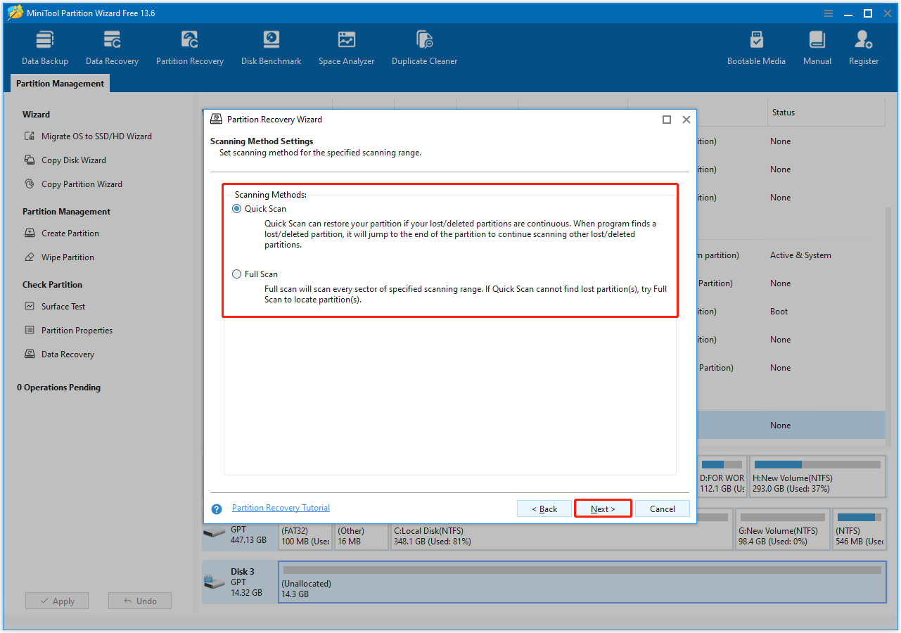 A box embedded in the MiniTool Partition Wizard interface showing scanning methods options.
