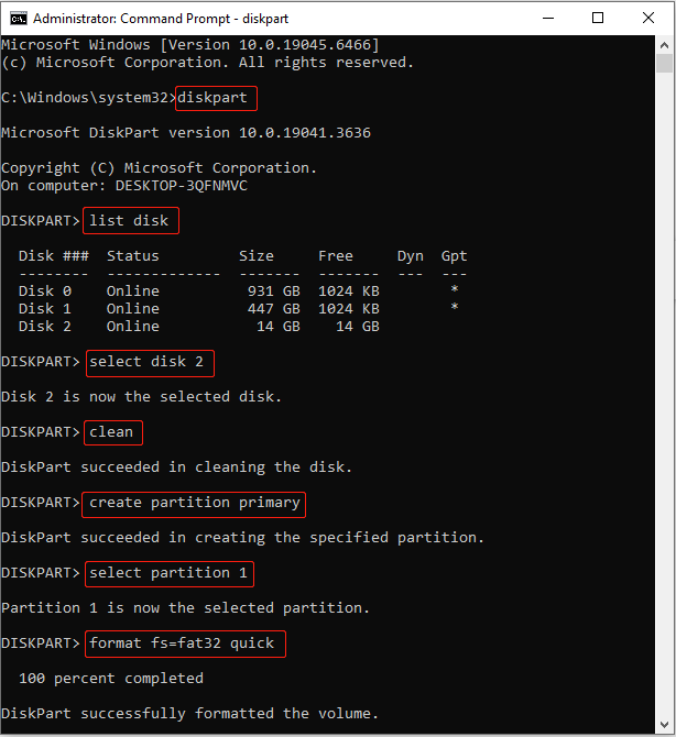 Command Prompt interface with the DiskPart command running to clean and format the drive.