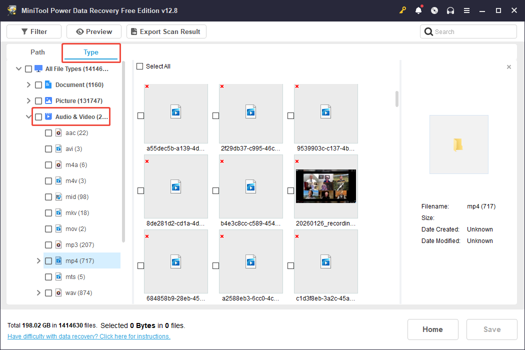 Interfaz de MiniTool Power Data Recovery que muestra los vídeos de tipo archivo MP4, con las opciones Tipo y Audio y Vídeo seleccionadas.