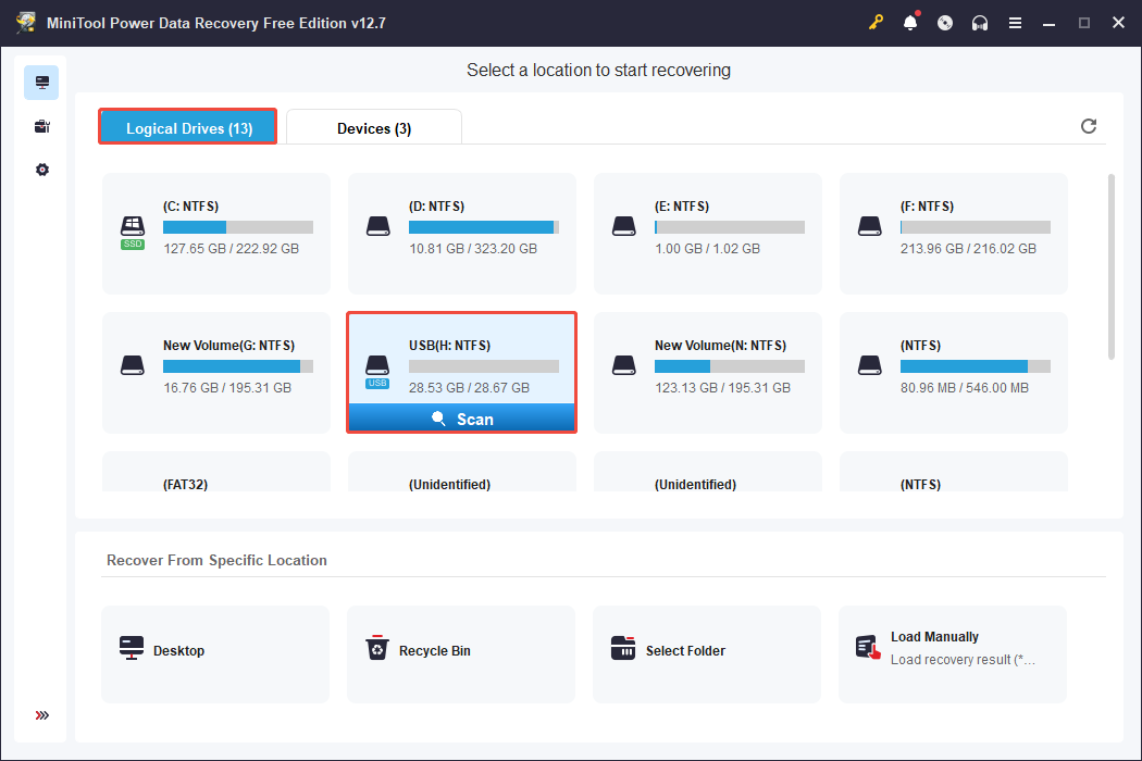 La página de inicio de MiniTool Power Data Recovery, con las unidades lógicas y el botón Escanear resaltados.