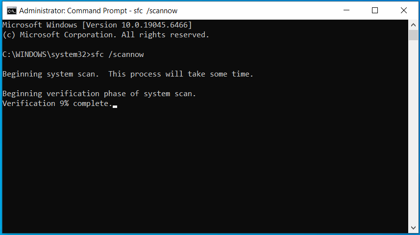 The Command Prompt window with the running SFC scan.