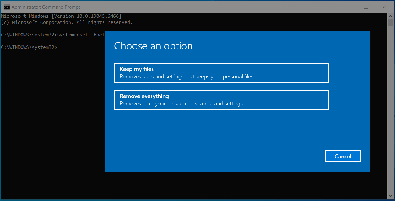 The Command Prompt window with the running PC resetting command and the opened Choose an option interface.