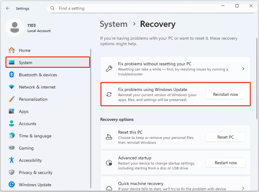 Windows Settings window with the Fix problems using Windows Update option selected.