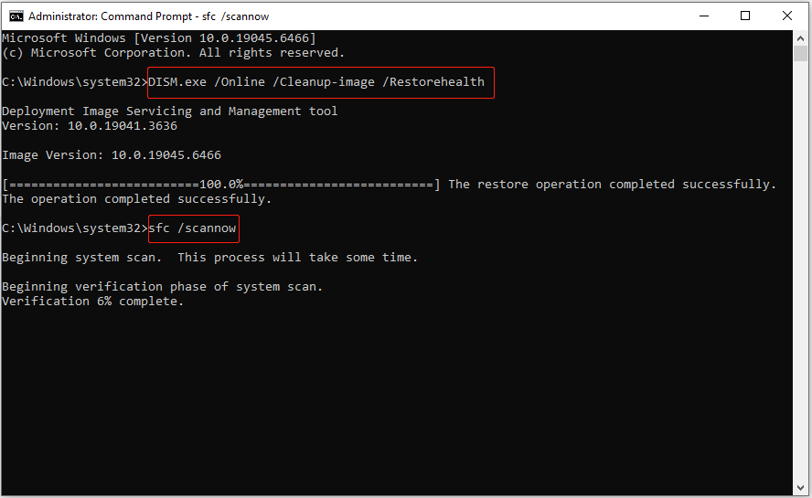 Command Prompt window with the DISM and SFC commands running to repair system files.