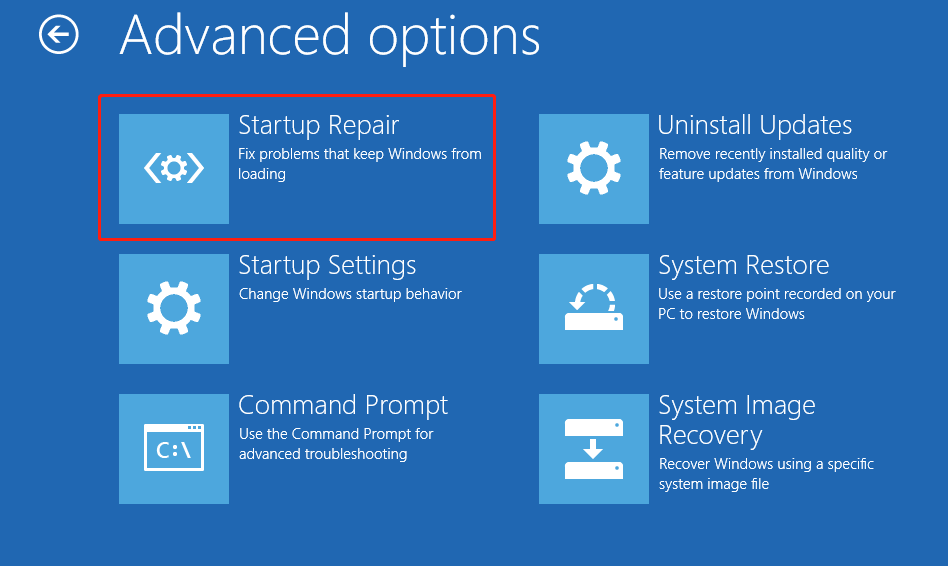 The Advanced options window with the Startup Repair option highlighted.