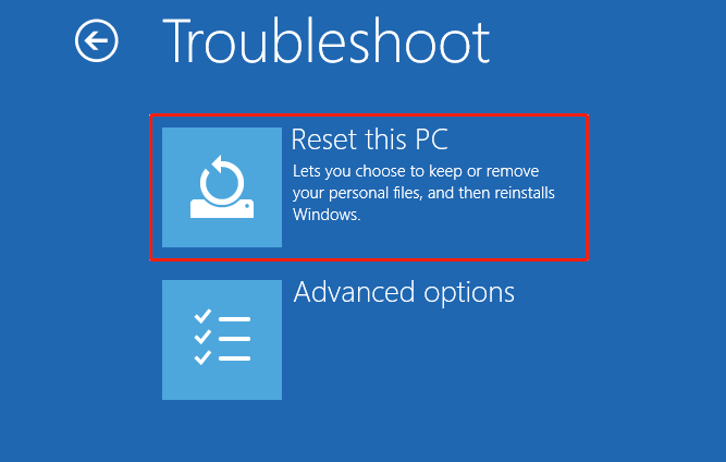 The Troubleshoot window with the Reset this PC option selected.