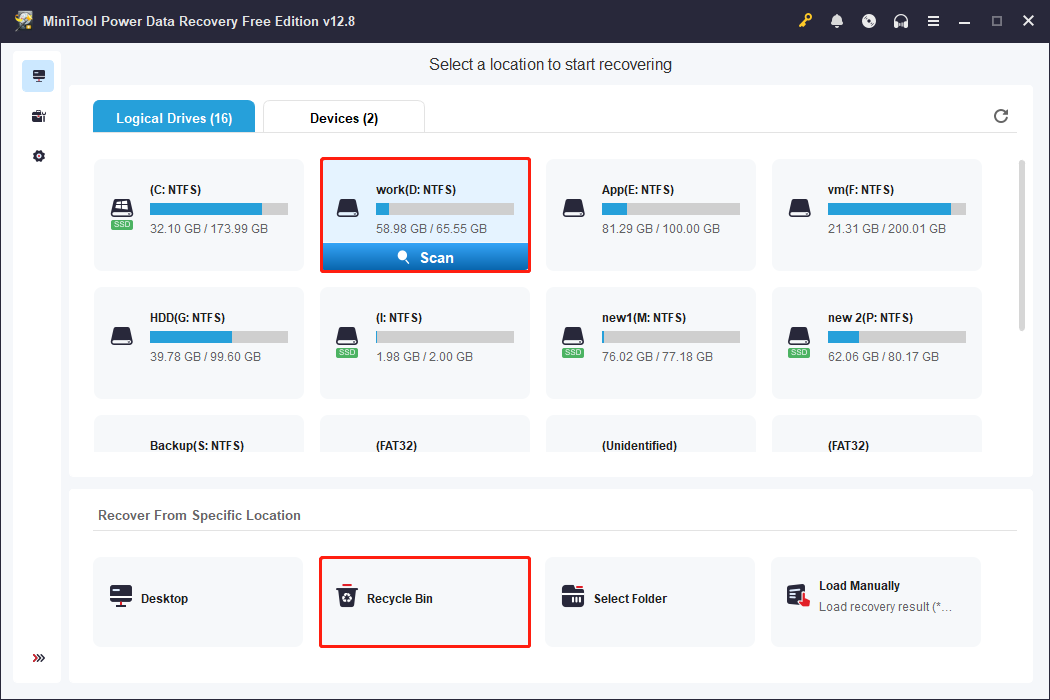MiniTool Power Data Recovery interface showing the D: drive and Recycle Bin scan options.
