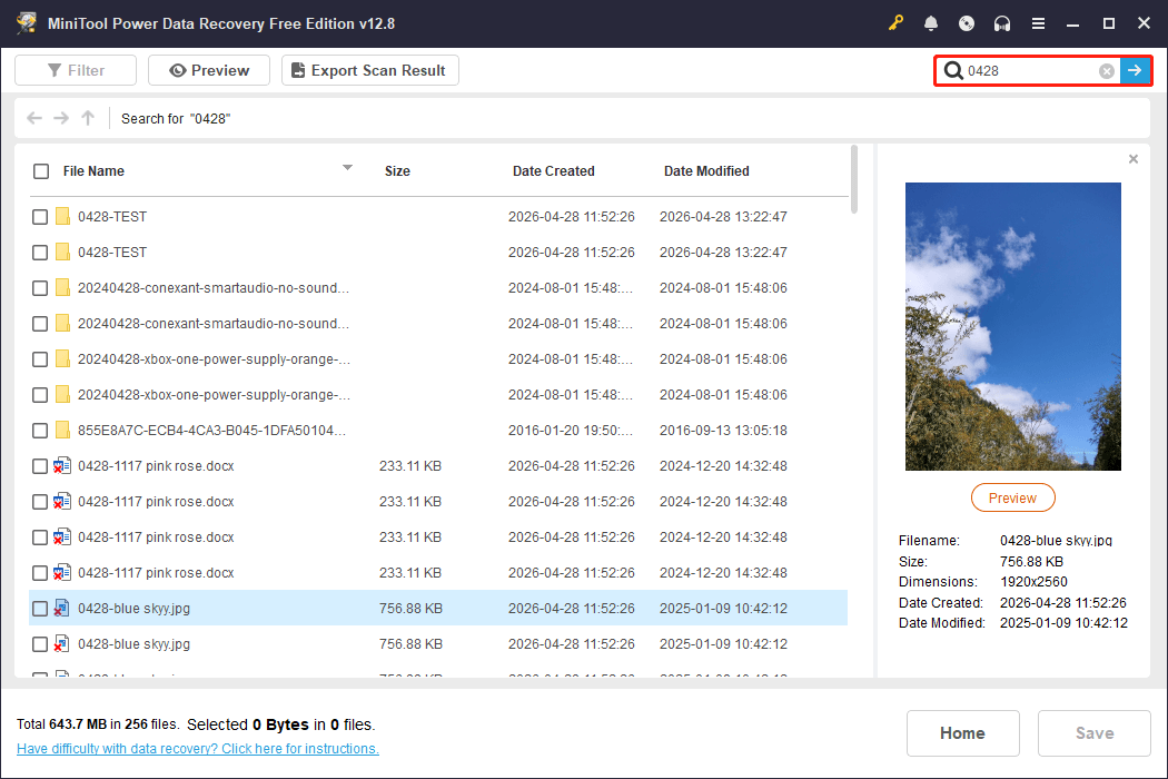 MiniTool Power Data Recovery search results interface showing all files with 0428 in the file name.
