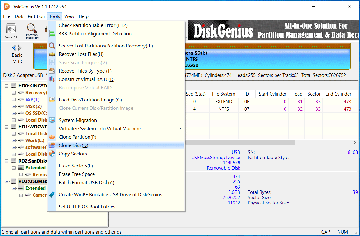 The DiskGenius window with the highlighted Clone Disk feature for SD card cloning.