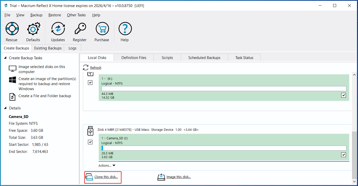 The main interface of Macrium Reflect with the selected Clone this disk feature.