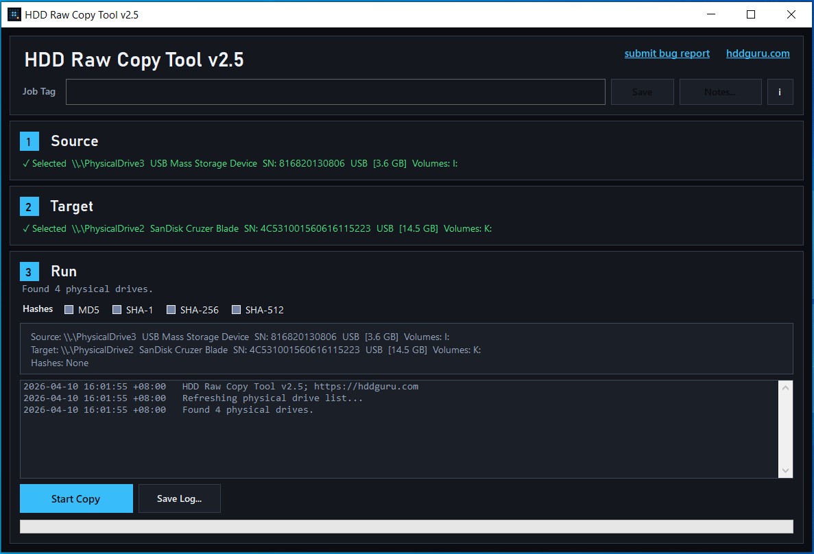 HDD Raw Copy Tool’s main interface for SD card cloning.