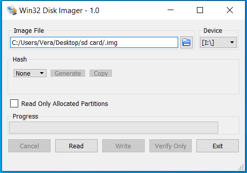 The Win32 Disk Imager window for reading and writing an image file of an SD card.