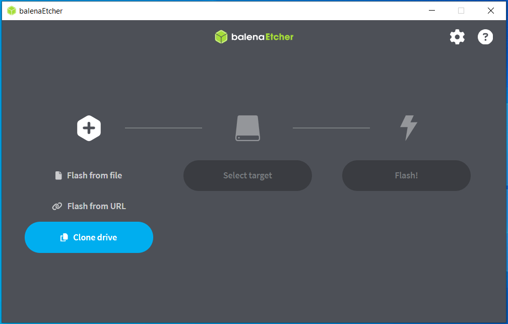 The main window of balenaEtcher with the highlighted Clone drive feature.