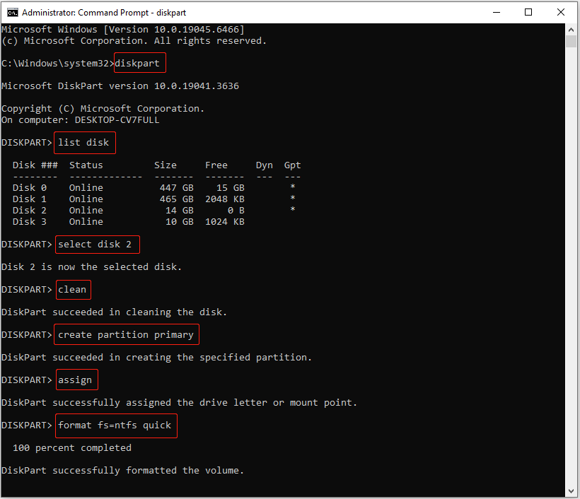 Command Prompt window showing the DiskPart commands to clean and format disk 2.
