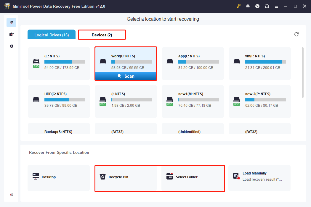 MiniTool Power Data Recovery interface showing multiple scan locations.