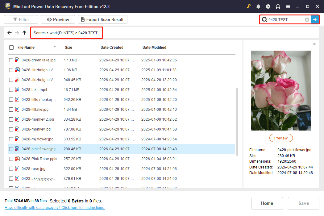 MiniTool Power Data Recovery search results interface showing the files inside the 0428 TEST folder.