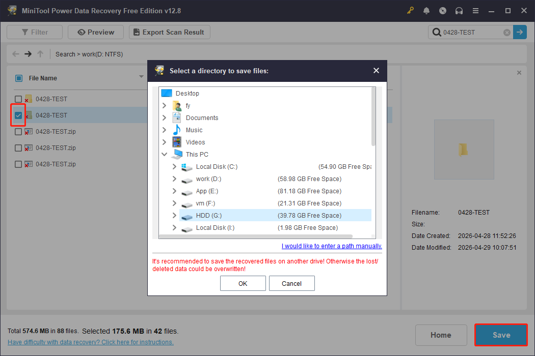 MiniTool Power Data Recovery file saving interface showing available save paths.