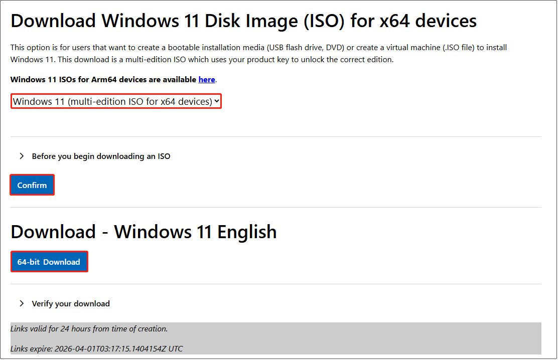 The Microsoft page showing the Windows ISO edition selection and download options.