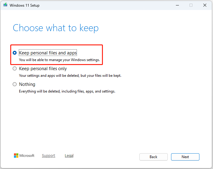 Windows 11 Setup interface with the Keep personal files and apps option highlighted.