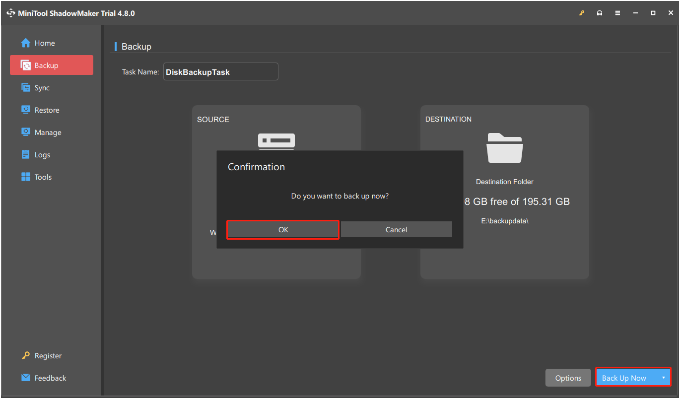 The interface of MiniTool ShadowMaker with selected Back up Now and OK.