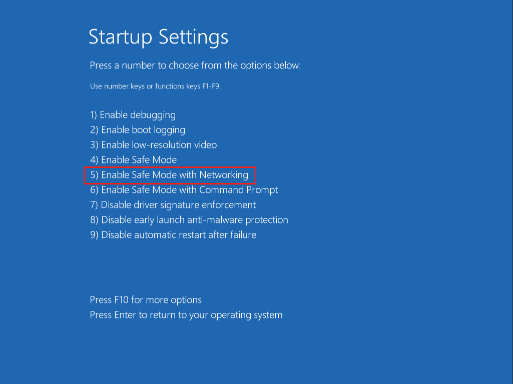 The Startup Settings page in WinRE with selected Enable Safe Mode with Networking.