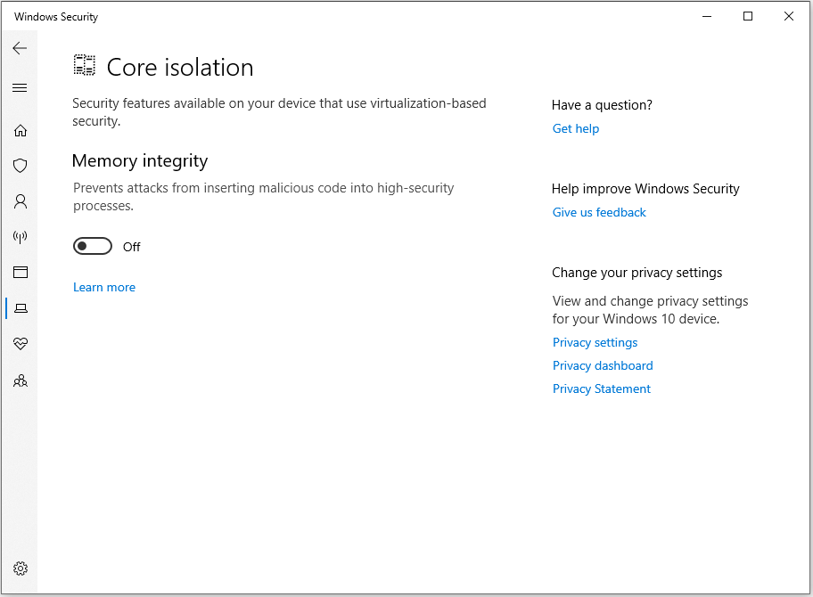 The Core isolation page of Windows Security showing disabled Memory integrity.