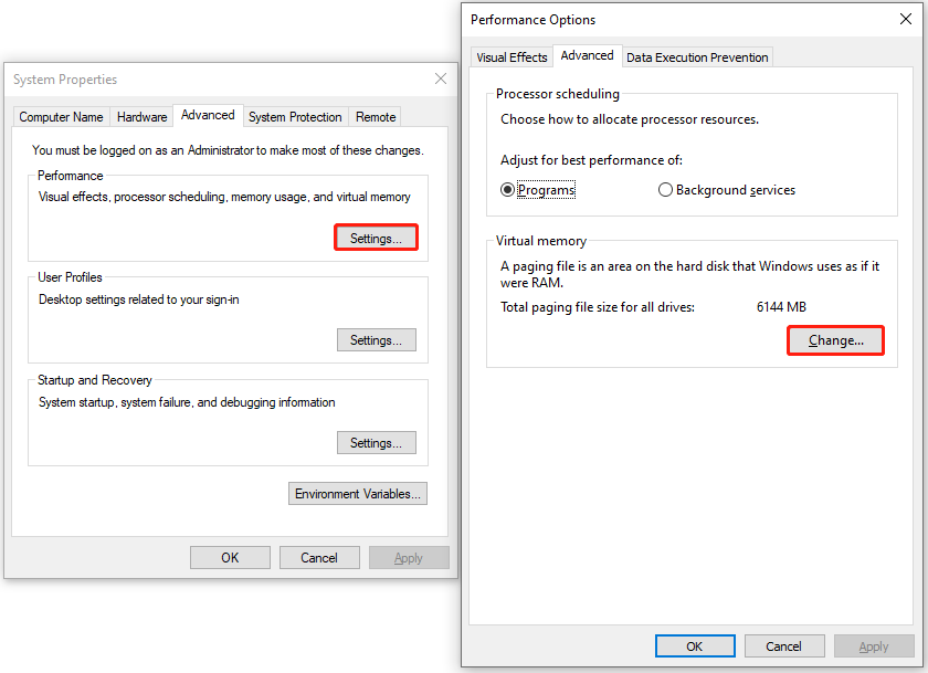 The interface of System Properties and Performance Options with selected Settings and Change.