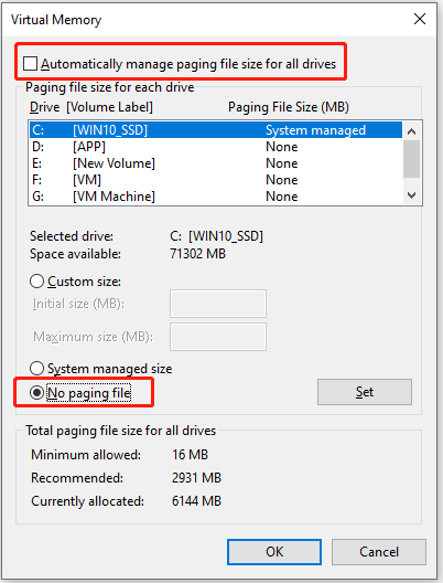 The interface of Virtual Memory with unchecked Automatically manage paging file size for all drives and selected No paging file.