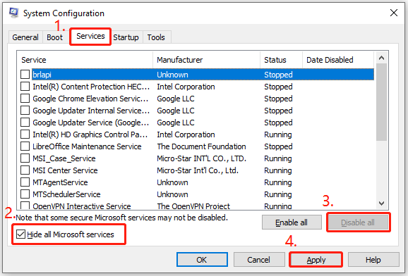 desativar todos os serviços que não sejam da Microsoft na Configuração do Sistema.