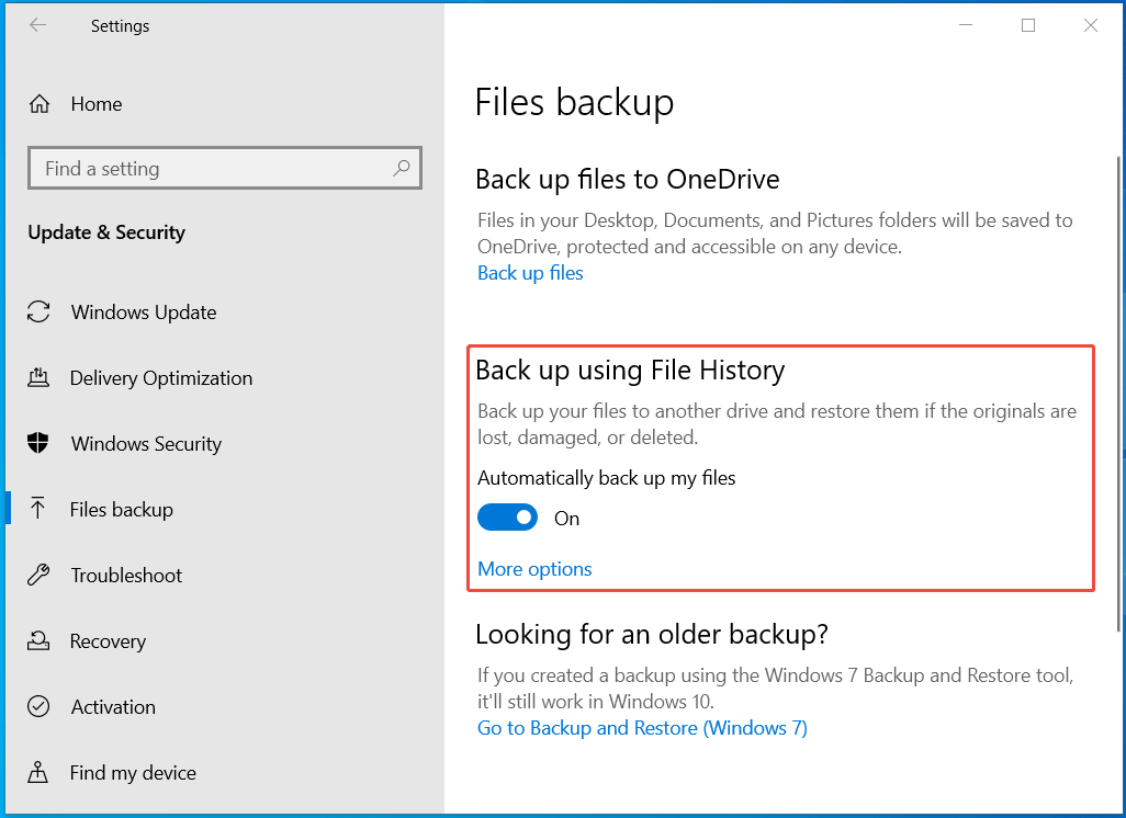 The Files backup tab in Windows 10 Settings for automatic file backup using File History.