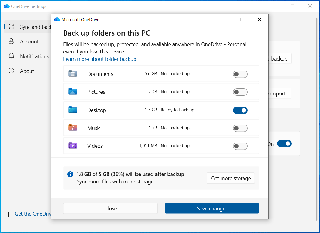 The OneDrive Settings window for managing folders for backup.