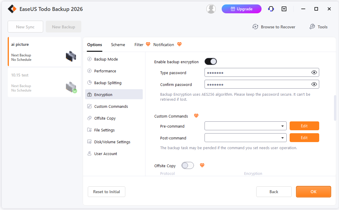 The Encryption option page in EaseUS Todo Backup 2026. Key Features