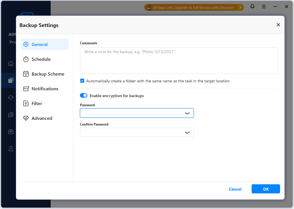 The Password option page in the Backup Settings window of AOMEI Backupper Trial.
