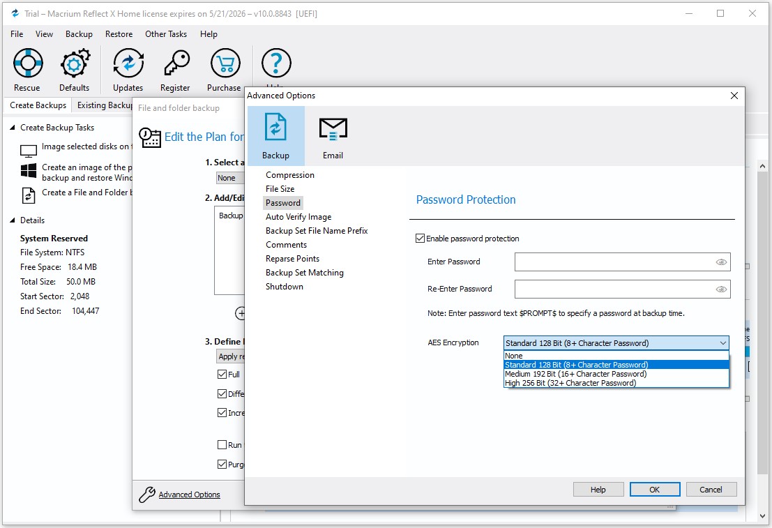 The Password tab in the Advanced Options window of Macrium Reflect.