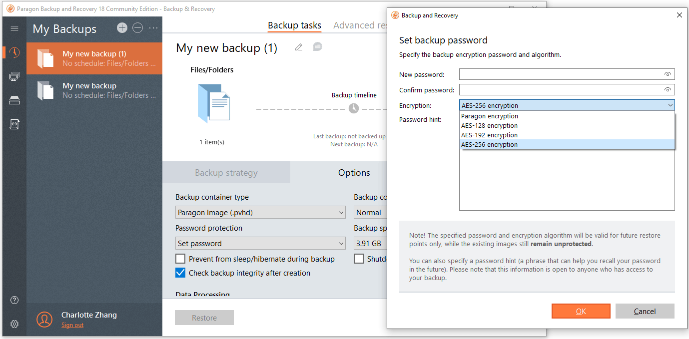 The Set backup password windows Paragon Backup & Recovery.