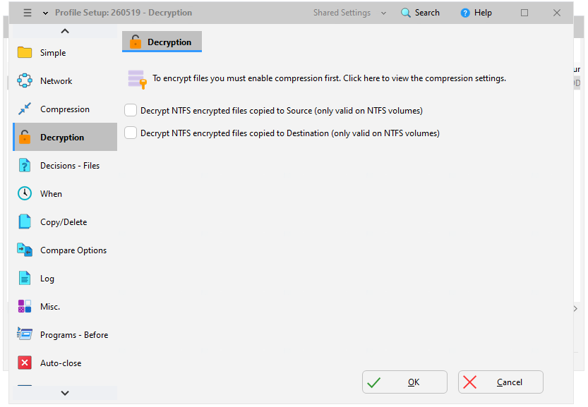 The Decryption tab of SyncBackPro.