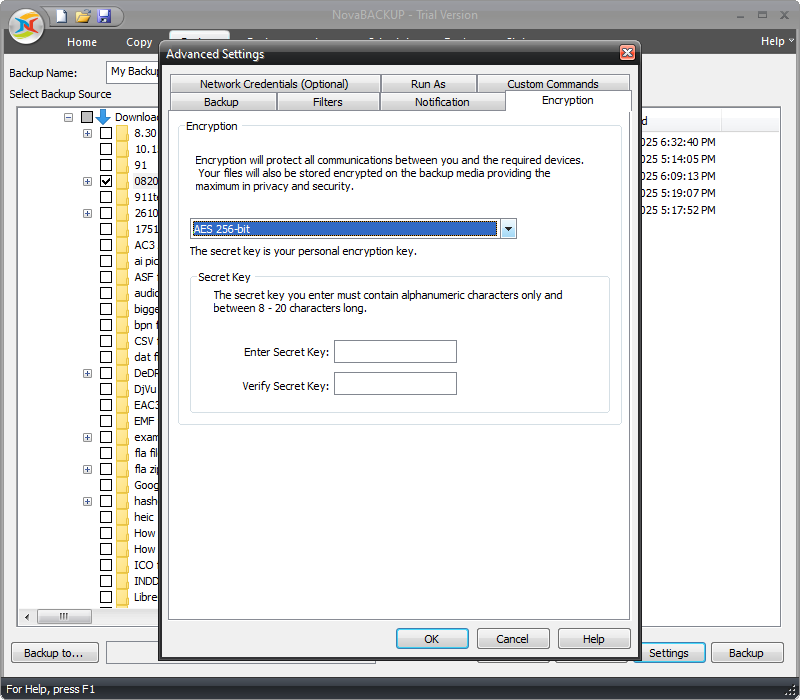 The Encryption tab of Advanced Settings window in NovaBACKUP.