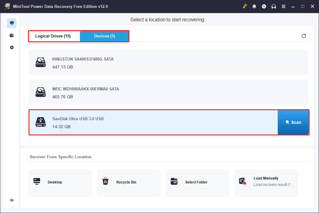 MiniTool Power Data Recovery Devices tab showing detected disks, with a highlighted disk and the Scan button.