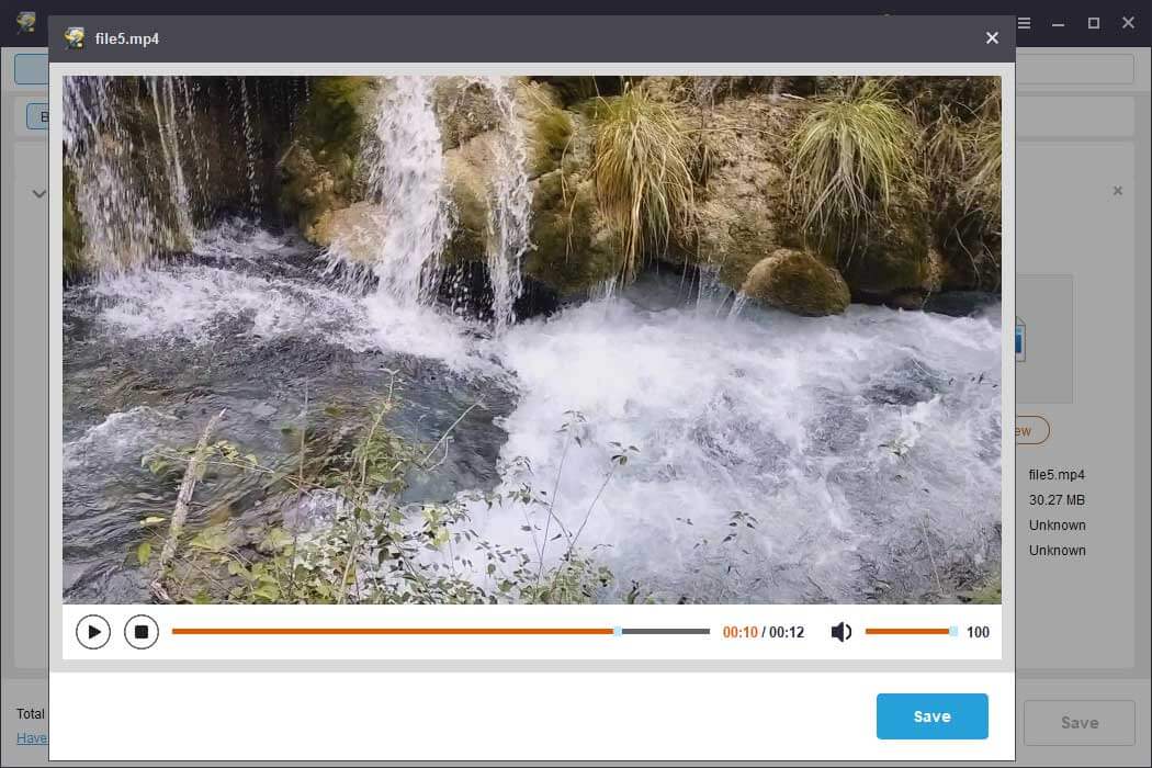 MiniTool Power Data Recovery file preview window showing a video of flowing water.