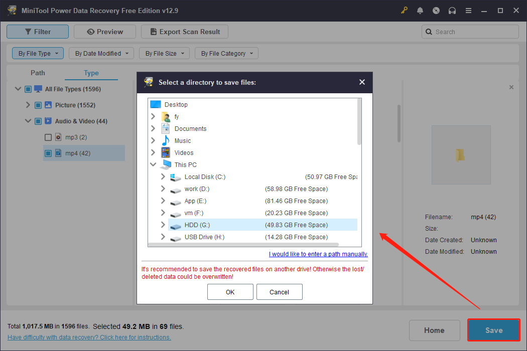 MiniTool Power Data Recovery file saving window showing available storage paths for recovered files.