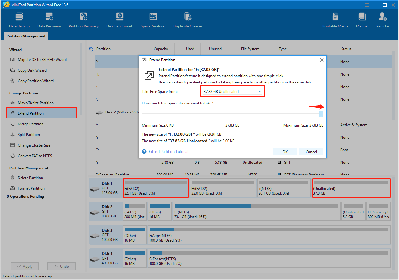 Extend Partition interface in MiniTool Partition Wizard showing how to take free space from the unallocated space.